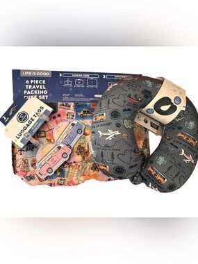 Life is Good NWT travel bundle w/neck pillow, 6 pc packing cubes & luggage tags